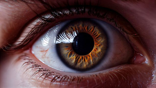 Deep Look: A close-up of an eye with a close-up of the iris, pupil, cornea, and eyelashes. The beauty of nature in the structure of the organ of vision, naturalness and expressiveness. Macro details o