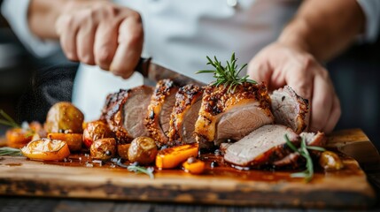 A chef skillfully slicing through a perfectly roasted pork loin, surrounded by roasted potatoes and vegetables on a wooden cutting board, emphasizing culinary excellence and flavor.