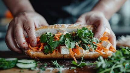 A person making a vegetable sandwich with fresh ingredients like carrots, tofu, and herbs, capturing the essence of homemade, nutritious, and flavorful cooking.