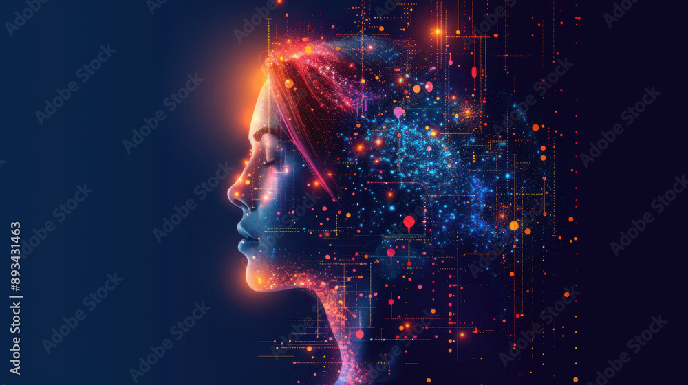 Poster digital artwork depicting a woman's profile with vibrant data particles and abstract light trails, r