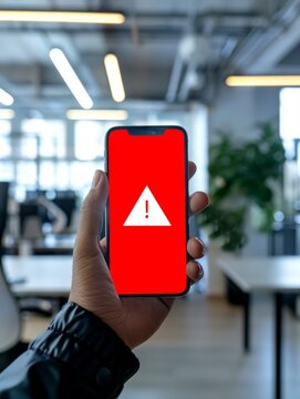 Ein Mann h&auml;lt ein mobiles Telefone mit roten Warnscreen: Fehler. Im Hintergrund ist eine B&uuml;roumgebung dargestellt
