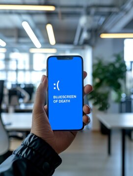 Ein Mann h&auml;lt ein mobiles Telefone mit blauem Warnscreen: Bluescreen of death. Im Hintergrund ist eine B&uuml;roumgebung dargestellt