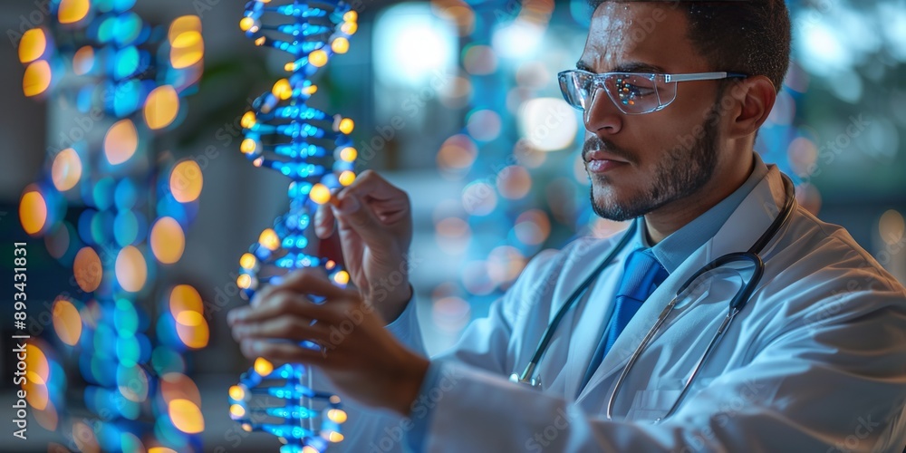 Poster doctor analyzing a glowing dna double helix model with precision in a lab setting