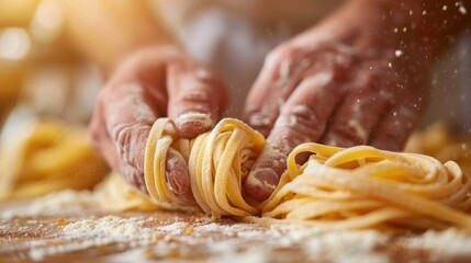 A detailed view of hands expertly shaping fresh pasta ribbons on a floured wooden surface, illustrating the traditional craft of pasta making with attention to texture and form.