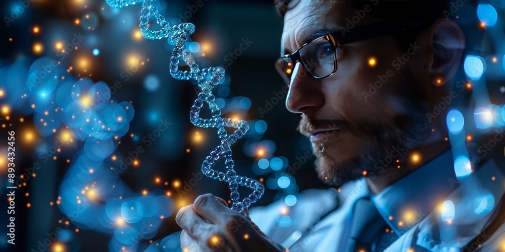 Poster scientist examining a glowing dna double helix in a high-tech laboratory environment