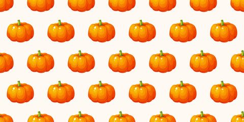Pattern with an orange pumpkins on a white background. Fall harvest gourds. Healthy organic food. Happy Halloween. Thanksgiving day. Fall Season. Seasonal harvest design for greeting or poster. 3d.