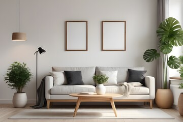Two mockup poster frame in living room with Scandinavian living room, interior mockup design, frame mockup