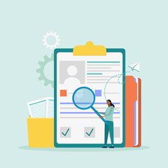 Recruitment agency, personnel service, recruitment network concept. The manager is looking for a candidate in a huge resume for the position. Vector illustration.	