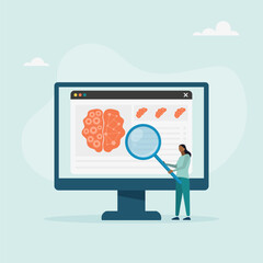Neuroscience and brain research concept. The human brain and psychology. A character examines a head tomography scan on the screen. Vector illustration.	