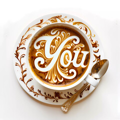 Intricate coffee art pattern depicting a word You