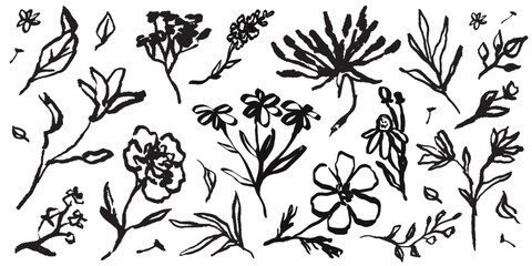 Tattoo flower collection. Contemporary abstract minimal art in charcoal or crayon drawing style botanic plant vector illustration. Ink hand drawn wild flowers set. Pencil drawn floral elements.