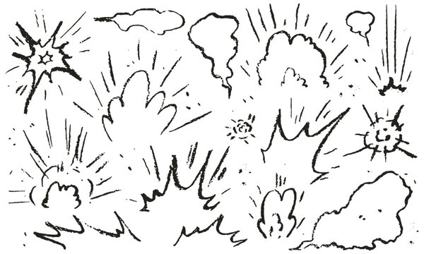 Cartoon charcoal doodle style explosion set. Hand drawn comic boom bang drawing in naive outline style with wax crayon, brush stroke sound effect. Vector illustration of dust explosion clouds.