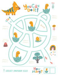 Help dinosaur to collect baby dinosaurus. Labyrinth. Maze game for kids