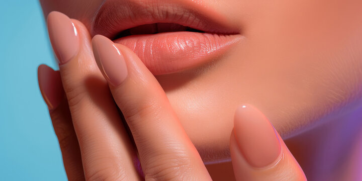 Woman's hand toucher her face, gradient background color, manicure, close-up of her hand, natural skin flaws,  natural beauty 