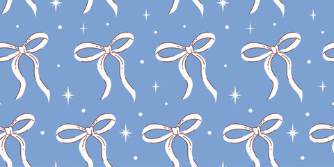 Cute simple seamless pattern with white vintage bows and stars on blue background. Simple trending illustration for printing on fabric, paper and more.