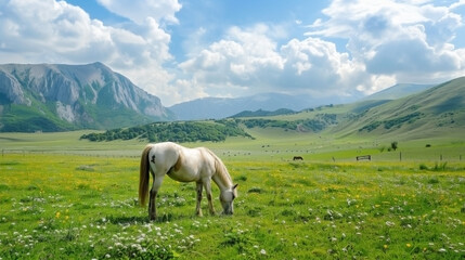 牧場で草を食べる馬