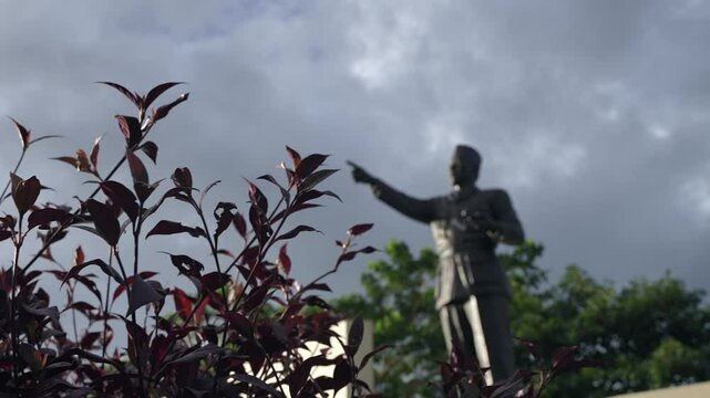 leaves as foreground of the statue of the Soekarno monument on the border of Indonesia and Papua New Guinea