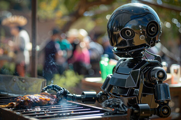 A robot android grilling a meat on a grill in the backyard while people enjoy a barbecue