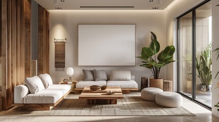 Create a comfortable living room with an elegant and peaceful atmosphere. The room has a large wall showing a blank white frame. Decorated with comfortable seats. 