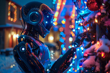 Fototapeta premium A robot android setting up christmas decorations on the front of the house, outdoors