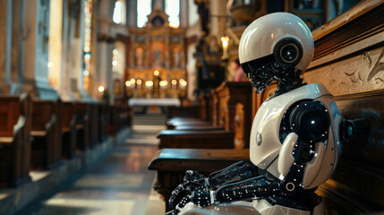 Fototapeta premium A robot android stays on knees in a old church and prays
