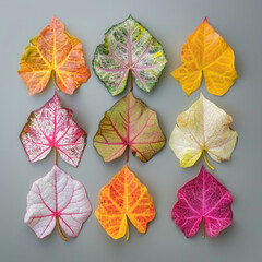 Different colors and shapes of caladium leaves, top view