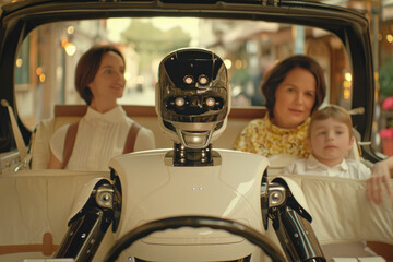 Front view of robot android driving a car while the people family is relaxing in the back seat enjoying the ride