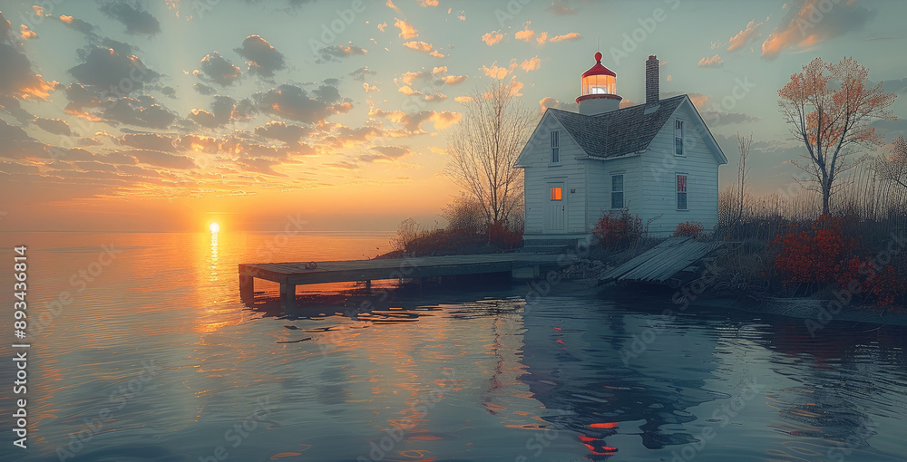 Poster a small white house near the end of a dock with the white lighthouse with the red top in the distanc