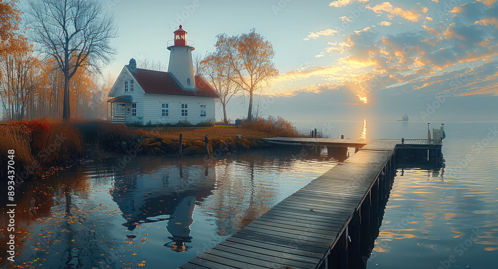 Poster a small white house near the end of a dock with the white lighthouse with the red top in the distanc