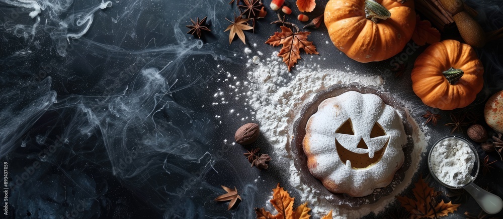 Poster baking a halloween cake at home using ingredients and flour on a dark background leaving copy space 