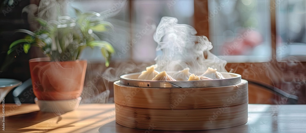 Poster blurry steamed dumplings in a bamboo steamer sit on a dining table in a chinese restaurant surrounde