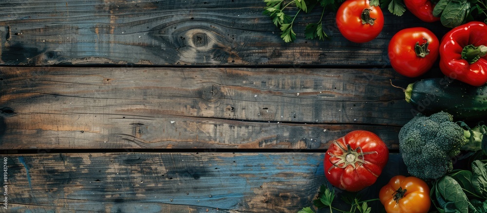 Poster vegetables displayed with copy space image on a rustic wooden backdrop