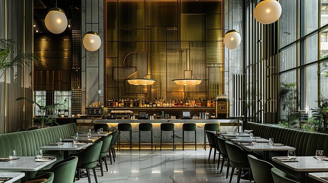 Modern restaurant with white and black stripes, velvet green bench seating in front of a large gold wall panel behind the bar, tall ceiling, geometric pendant lights. Generative AI.