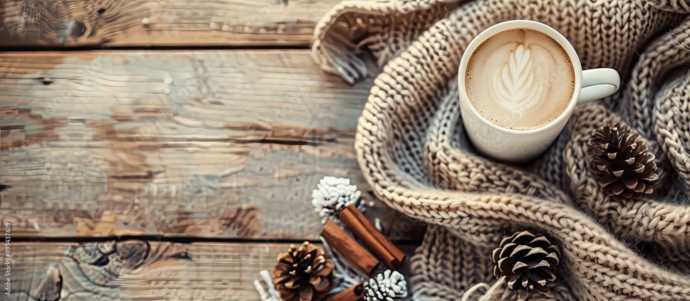 Poster Cozy autumn or winter scene with a cup of coffee soft blanket cinnamon pine cones on wooden backdrop Top view with ample copy space for an image