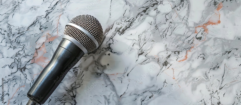 Poster Top view of a contemporary microphone on a marble background with ample copy space image