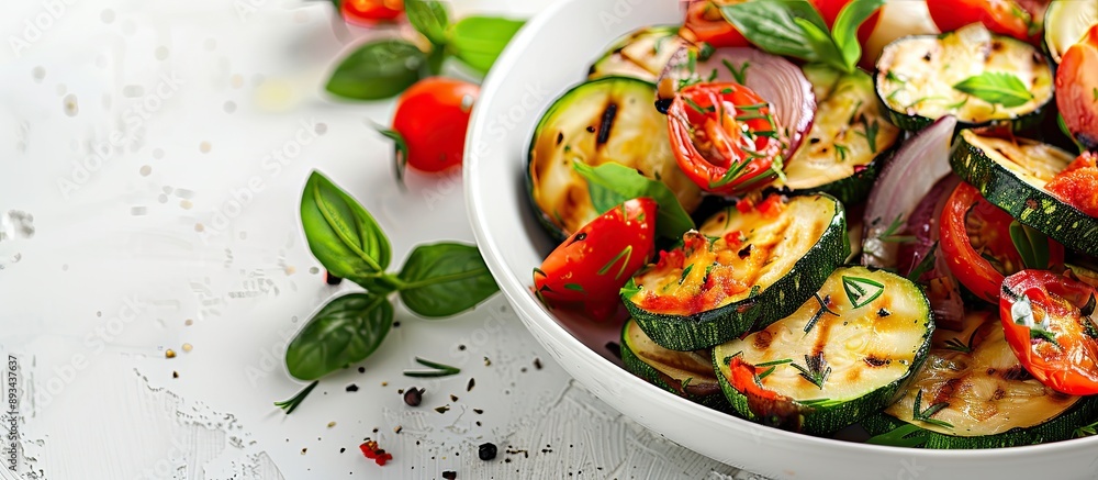 Poster Cooked zucchini with tomato and onion on white background with copy space image