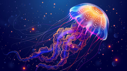 Colorful jellyfish with glowing tentacles floating gracefully in the deep blue ocean, surrounded by small light particles.