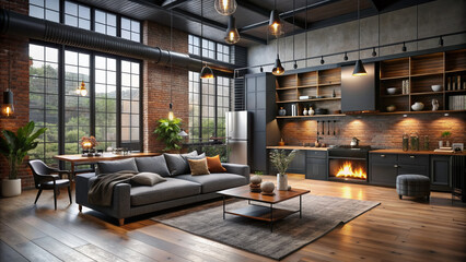 luxury studio apartment with a free layout in a loft style in dark colors. Stylish modern kitchen area with an island, cozy bedroom area with fireplace and personal gym