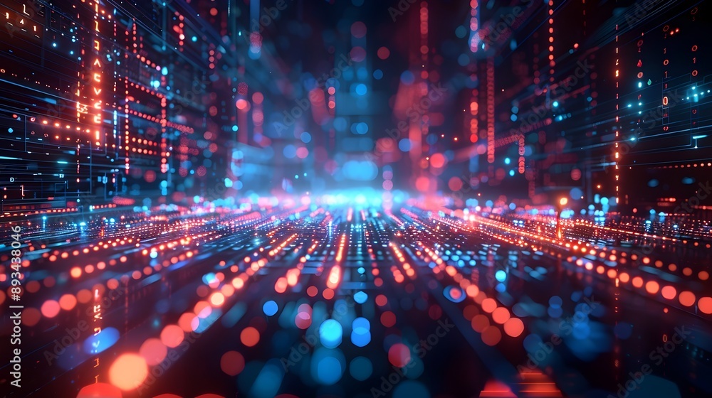 Poster futuristic holographic display with vibrant digital data streams and cyber background