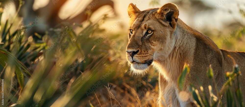 Aufkleber an african lioness elegantly poised in the wild on a sunlit savannah with a backdrop of lush foliage