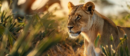 Obraz premium An African lioness elegantly poised in the wild on a sunlit savannah with a backdrop of lush foliage and a clear sky leaving room for copy space image