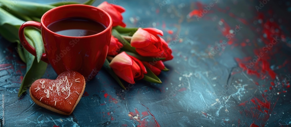 Aufkleber a romantic scene featuring a red coffee cup heart shaped cookie with a message bouquet of red tulips