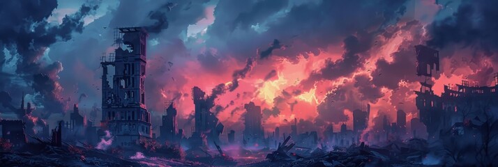 City Ruins. Apocalypse War in a Devastated City at Sunset Illustration