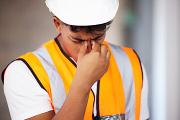 Construction site, man and contractor with headache of stress, burnout and engineer mistake with...