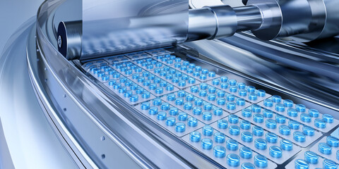 Drug manufacturing process. Conveyor with medical tablets blisters line at modern pharmaceutical plant. Pharmacology production, medicine industry. Laboratory, factory, pharmacy. Healthcare, pharma 3D
