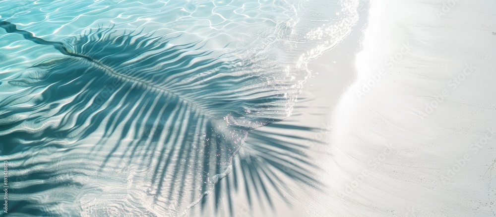 Poster abstract beach background with a palm leaf shadow on white sand sunlight reflecting on the water sur