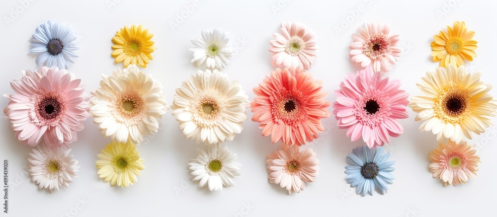 Aufkleber Pastel gerbera flowers arranged in a frame on a white background for a flat lay view with space for text or images. with copy space image. Place for adding text or design