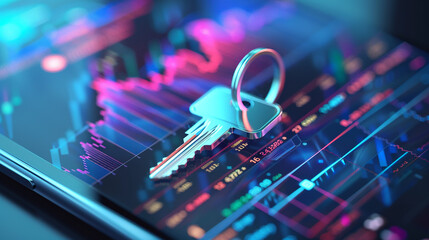 A key resting on a tablet displaying stock market graphs, symbolizing access to financial success and investment opportunities. Ideal for financial and technological themes.