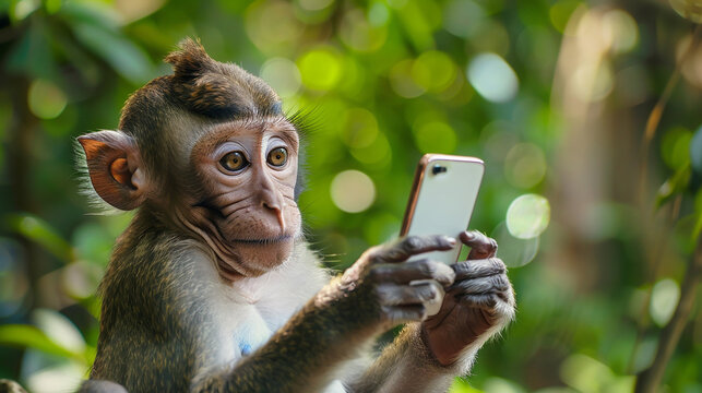 A monkey curiously using a smartphone in a green, natural environment, symbolizing the intersection of nature and technology. Ideal for tech and wildlife themes.