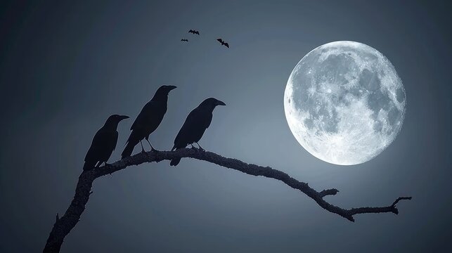 A flock of birds are perched on the branches of a bare tree silhouetted against a full moon in the night sky